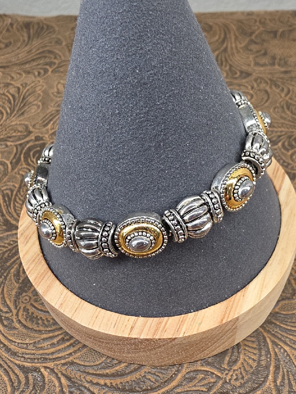 Vintage Two-Tone Silver and Gold Link Beaded Hidden Magnetic Clasp Bracelet